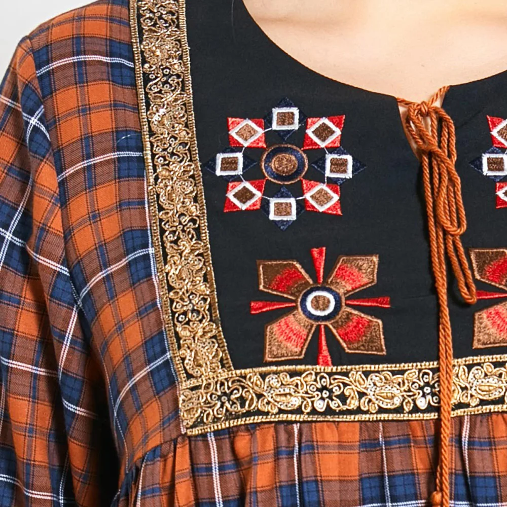 

Muslim Middle East Women's Dress Fashion Loose Casual 2021 Spring Summer Printing Lattice Embroidered Splicing Long Sleeve