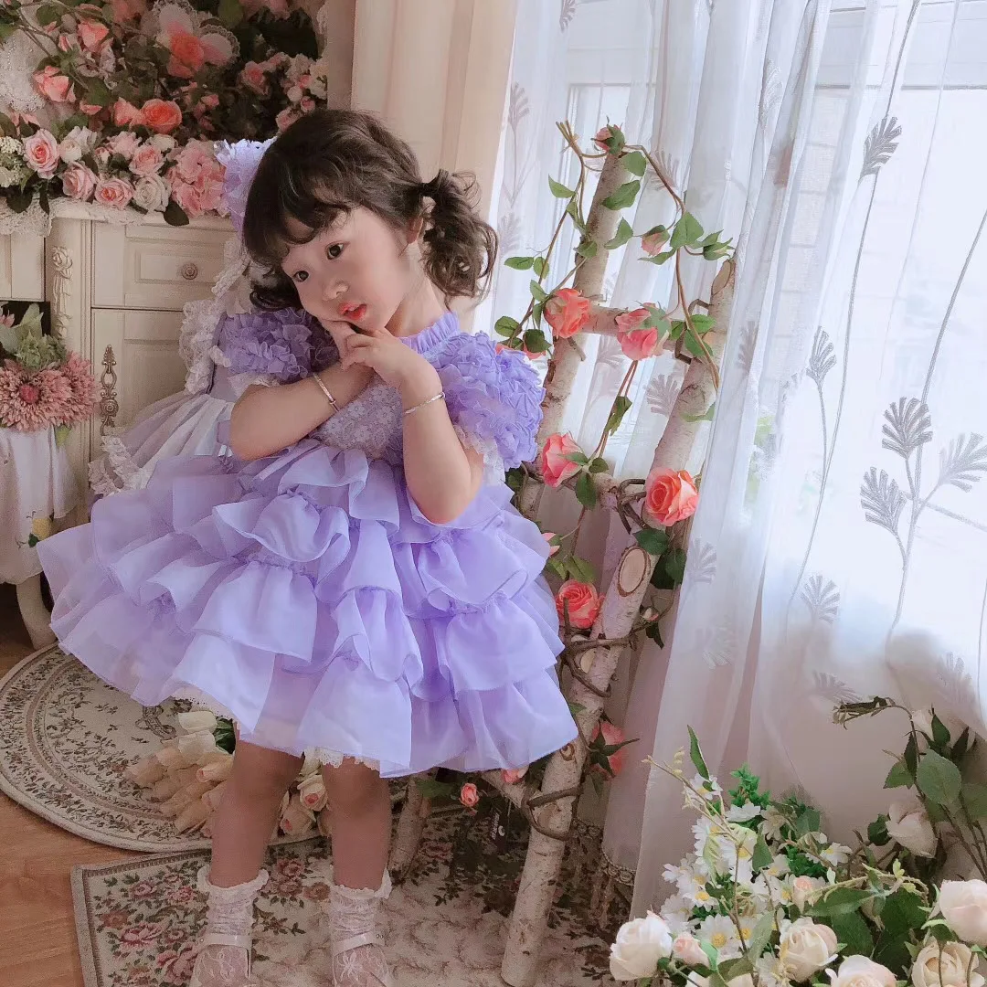 

Baby Girl Summer Short Sleeve Purple Mesh Lace Vintage Spanish Lolita Ball Gown Princess Dress for Eid Easter Birthday Party
