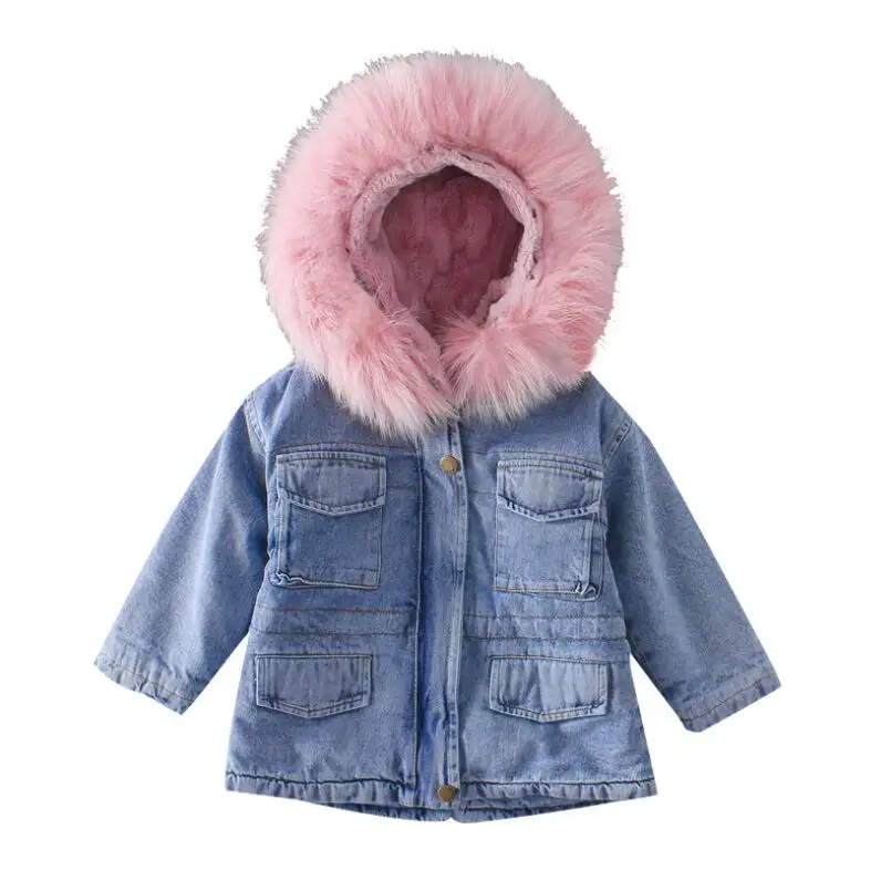 Winter Baby Girls Clothes 1-6Y Little Kids Nature Fur Denim Fleece Lining Hooded Toddler Outwear Children Thicken Warm Jacket | Детская