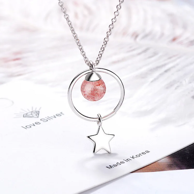 

Natural Strawberry Crystal Tassel Circle Star Pendant Necklace For Women Gift 925 Sterling Silver Jewelry S-N350
