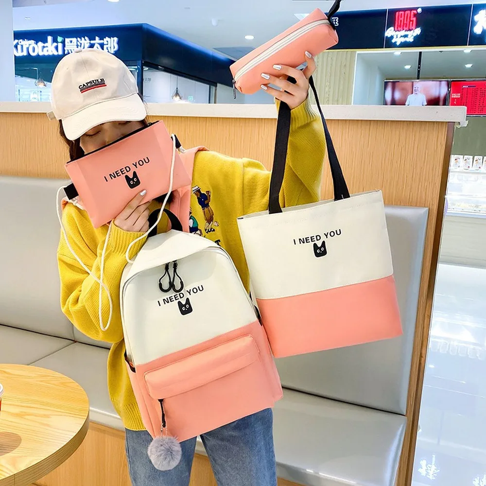 

2020New Fashion 4Pcs/Set Canvas Backpacks Letters Rucksack Teenager Girls Mochila Shoulder Bag Vintage Bags For Student Birthday