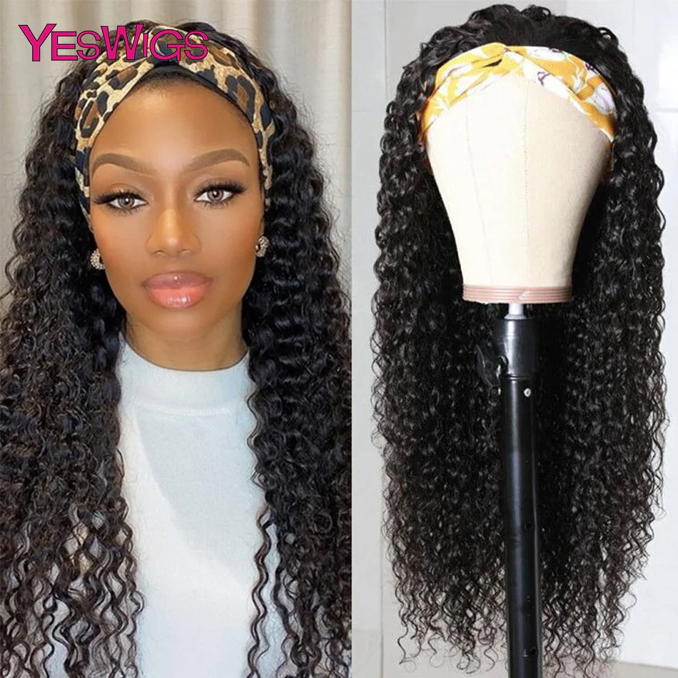 

Remy Deep Wave Human Hair Wig With Bangs 150% Density Headband Wigs For Black Women Brazilian Curly Full Machine Made Sew In Wig