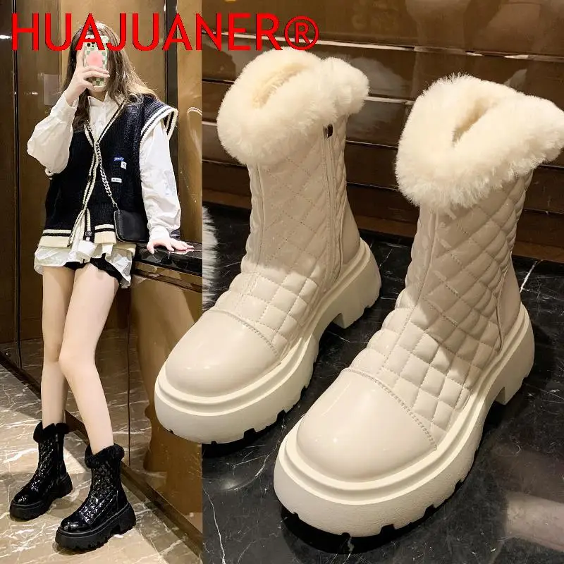 

Пикантные женские зимние ботинки, новинка 2022, модные меховые плюшевые белые зимние ботинки для женщин, черные, бежевые ботильоны на платфор...