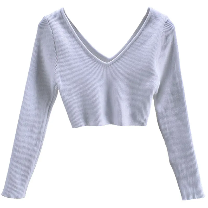 

European and American sexy fashion women's ultra-short high-waisted slim cropped sweater spring deep V-neck pullover top