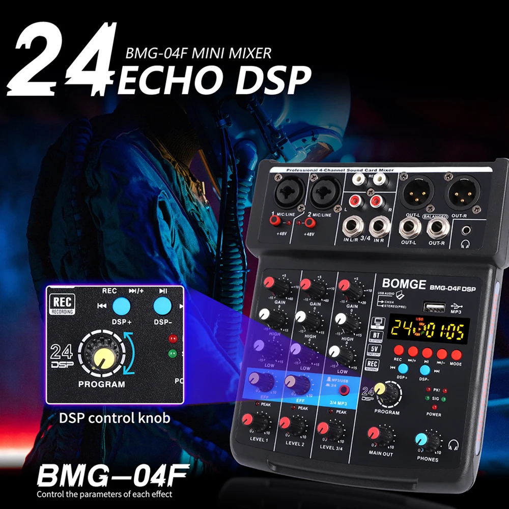 4-канальный микшер DJ микшерная консоль с 24 Echo DSP Bluetooth 48 В монитор фантомного