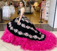 black fuchsia cheap quinceanera dresses ball gown sweetheart organza appliques ruffles puffy sweet 16 dresses