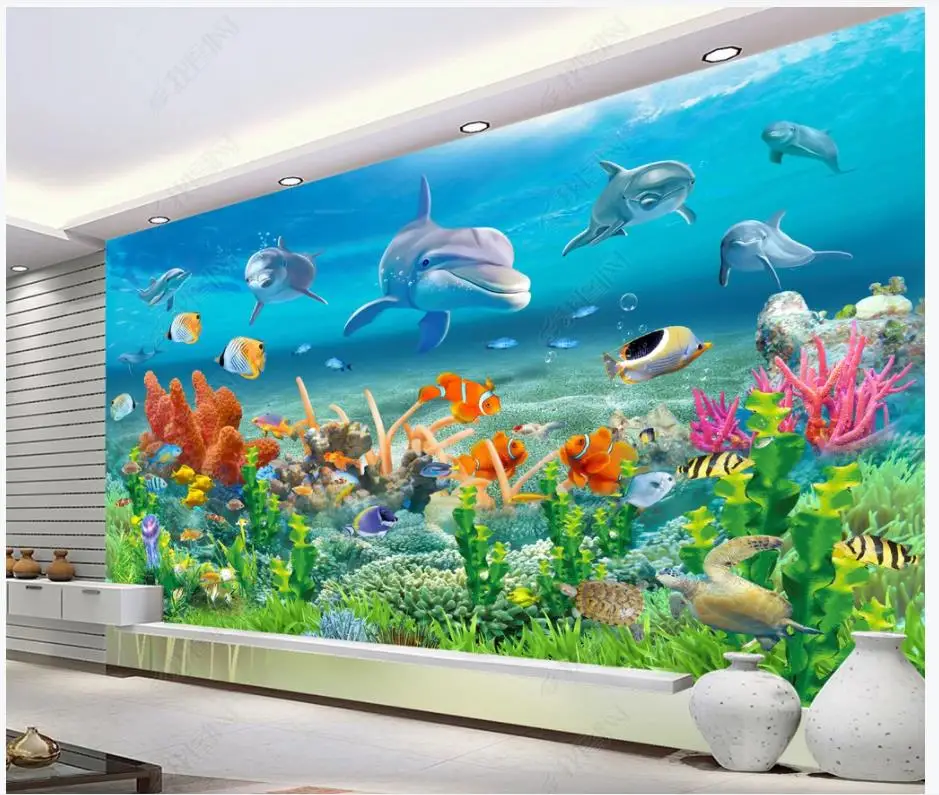 

Custom photo wallpaper for walls 3 d Mediterranean Underwater World Dolphin Coral Reef Aquarium Children's Room TV Background