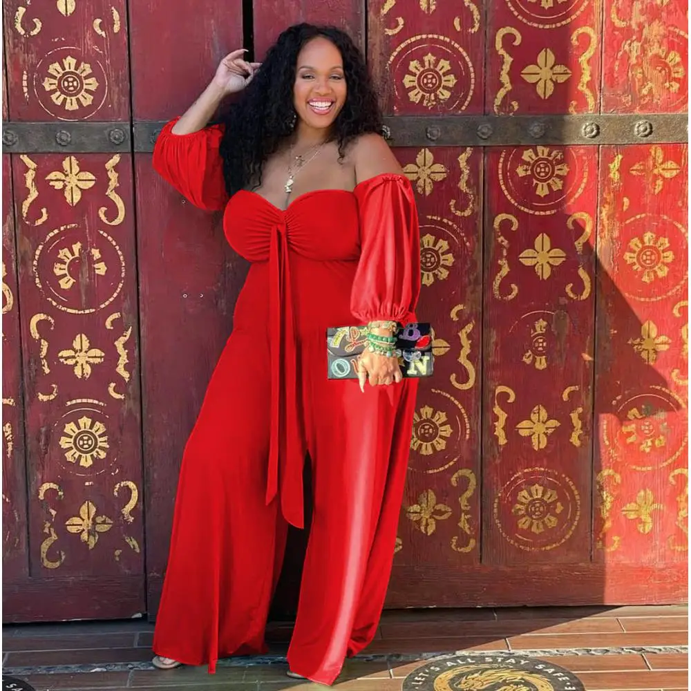 

Женский шифоновый комбинезон с открытыми плечами, однотонный комбинезон большого размера с длинными рукавами и открытой спиной, комбинезо...