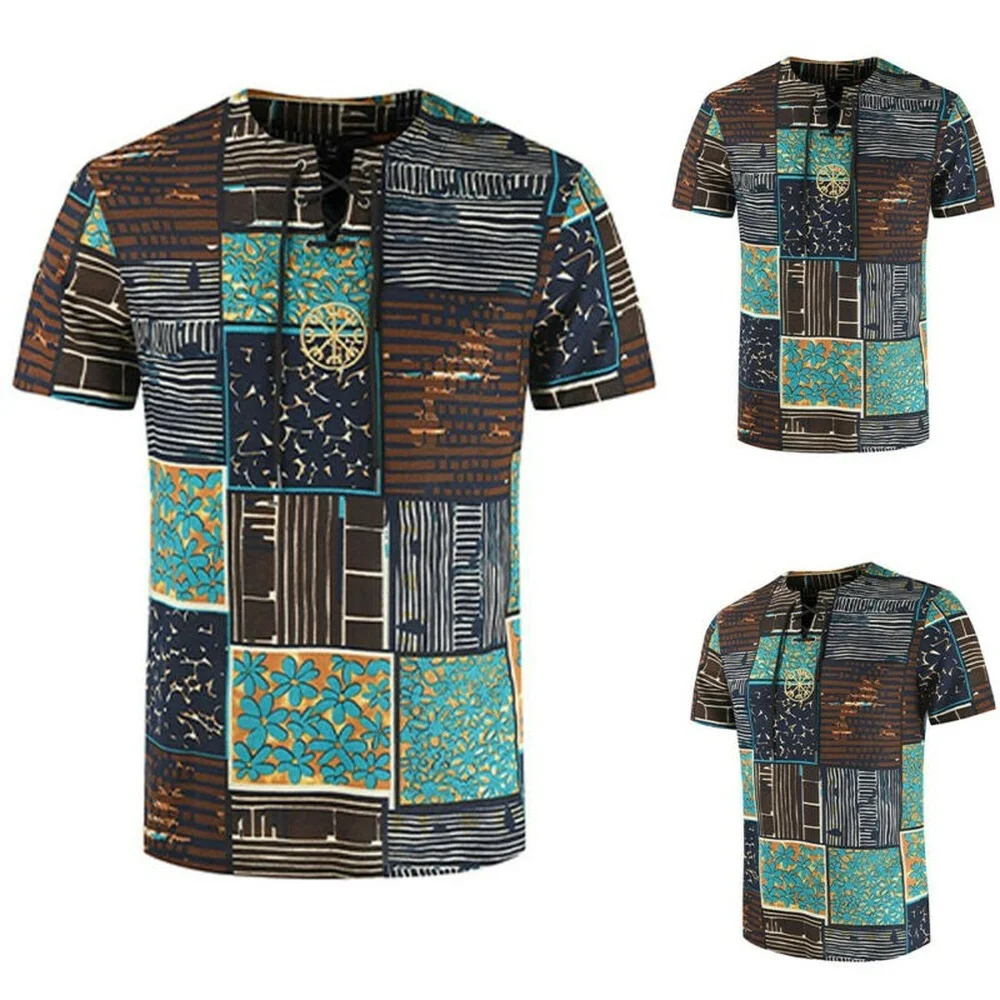 

Men Boho Floral Print Lace-up Short Sleeve T-shirt Summer Casual Party Tee Tops