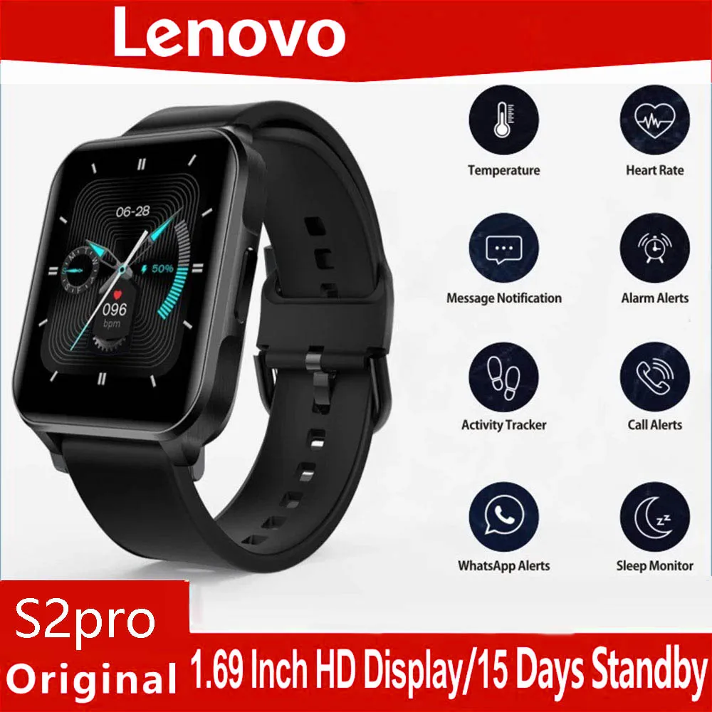 

Lenovo S2 Pro Smart Watch Men Thermometer Heart Rate Monitor Fitness Tracker 1.69" IPS Touch Screen IP67 Waterproof Smartwatch