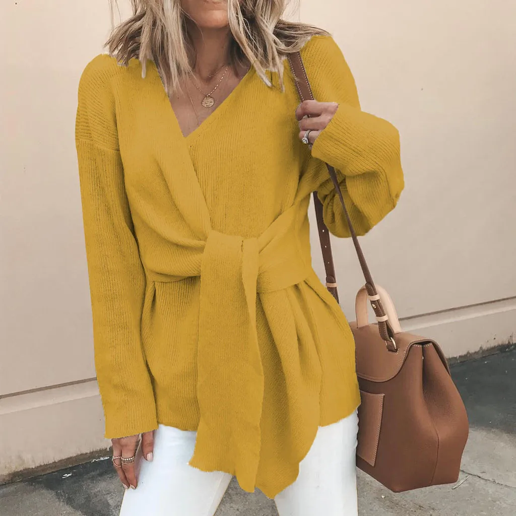 Женский длинный вязаный свитер SAGACE теплый с v образным вырезом и шнуровкой