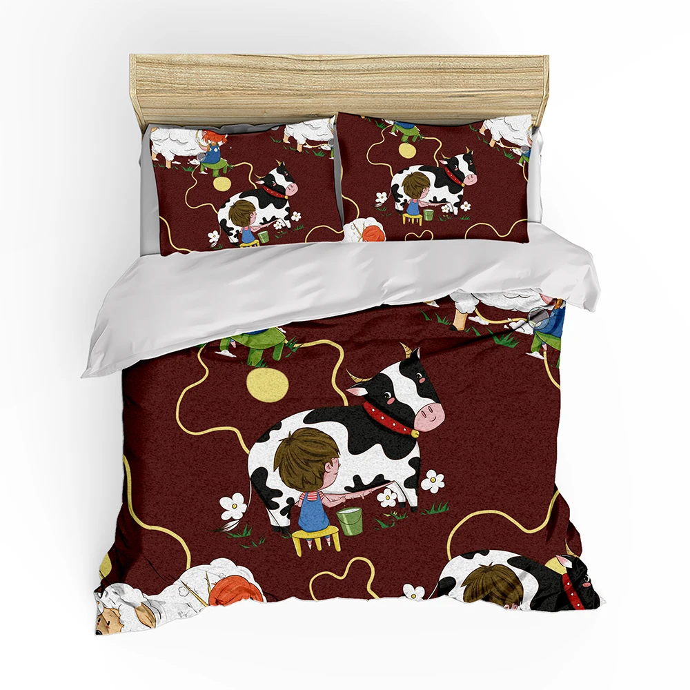 2/3 Pieces Cows Bedding Set Milking Cartoon Duvet Cover 3D Print Bedroom Home Textile Decor Brown Background Bed Quilt | Дом и сад