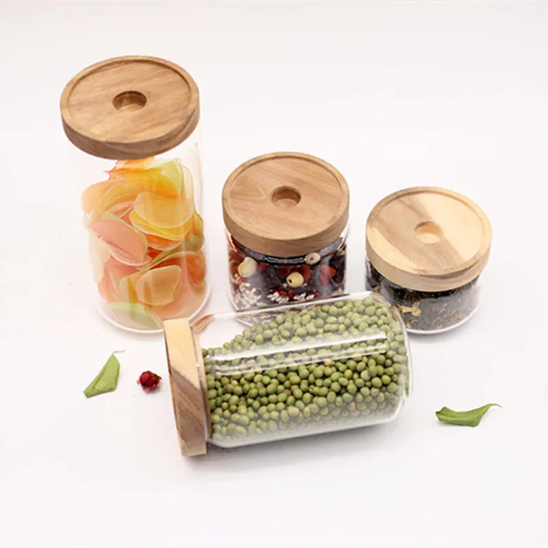 Стеклянная Герметичная Бутылка для хранения с деревянной крышкой прозрачная