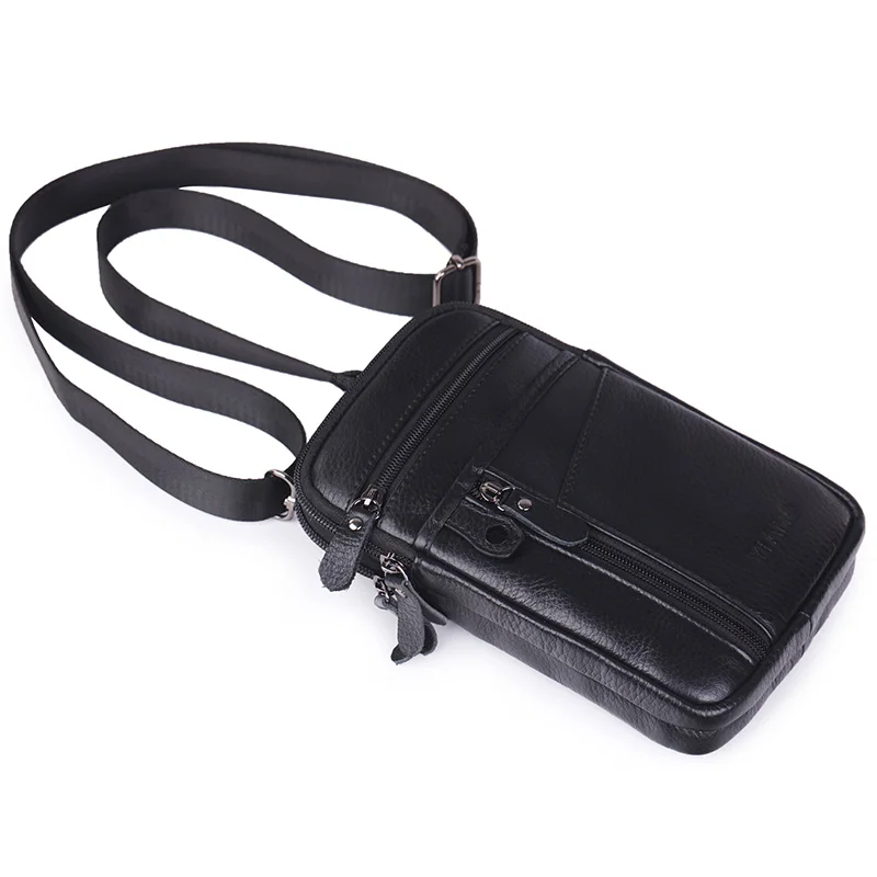 Мужская Наплечная мини-сумка из натуральной кожи на двойной молнии с отделением