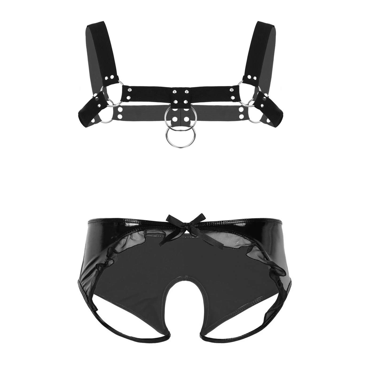 

Chest Harness Belt Mens Clubwear Costumes Shoulder Chest Muscle Bondage Harness Belt with Leather Crotchless Open Butt Panties