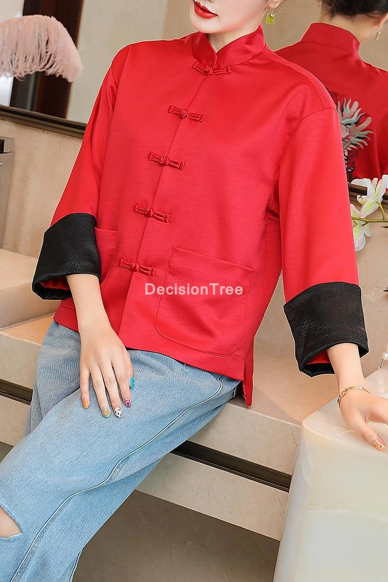 Рубашка Женская атласная с вышивкой в традиционном китайском стиле Ципао на