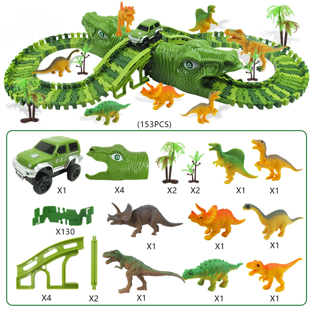 153Pcs Dinosaur Railway Car Track Racing Track Toys Set Bend Flexible Race Track Flash Light Car Educational Toys for Kids Gift