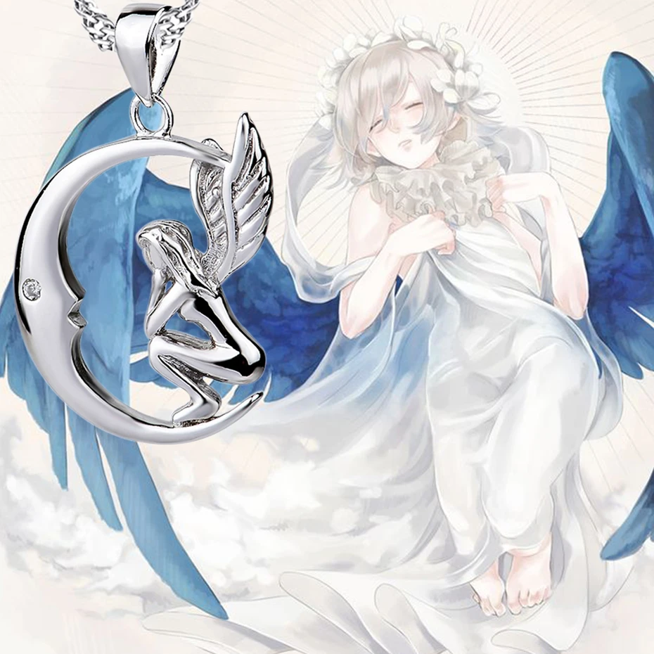 Женское ожерелье с подвеской в виде ангела и Луны из серебра 925 пробы | Украшения