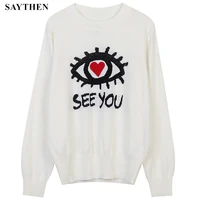 saythen knitted sweater top womens round neck long sleeve casual fallwinter fashion high street eye pattern pullover