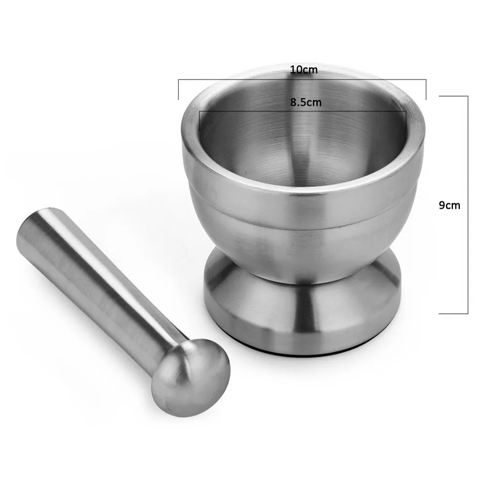 

Double Stainless Steel Garlic Grinder Metal Mortar Salt And Pestle Pedestal Bowl Garlic Press Pot Herb Pepper Spice Grinder Pot