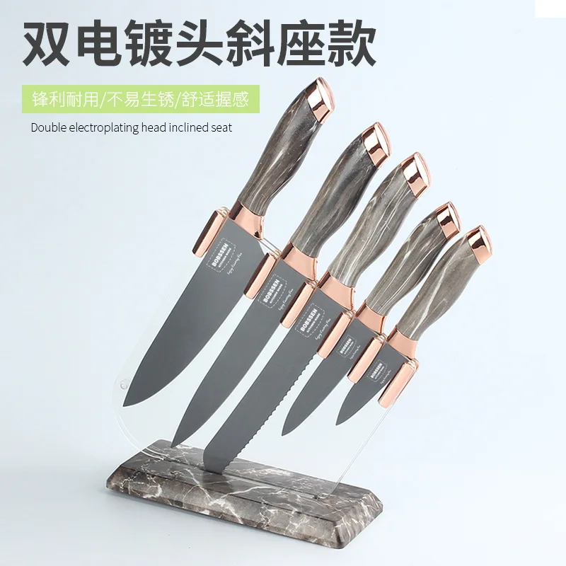 

Knife Set Stainless Steel Kitchen Knife Chef Marble Pattern Plating Acrylic Knife Block Transparent