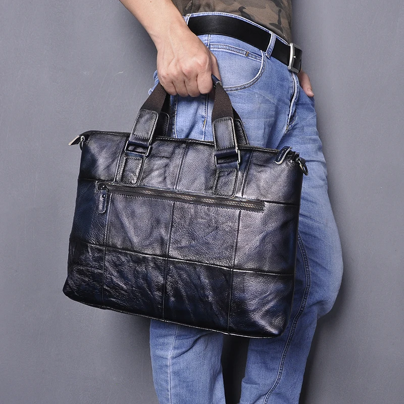Men Original Real Leather Blue Fashion Business Briefcase 15&quot Laptop Case Attache Portfolio Bag One Shoulder Messenger B260 | Багаж и