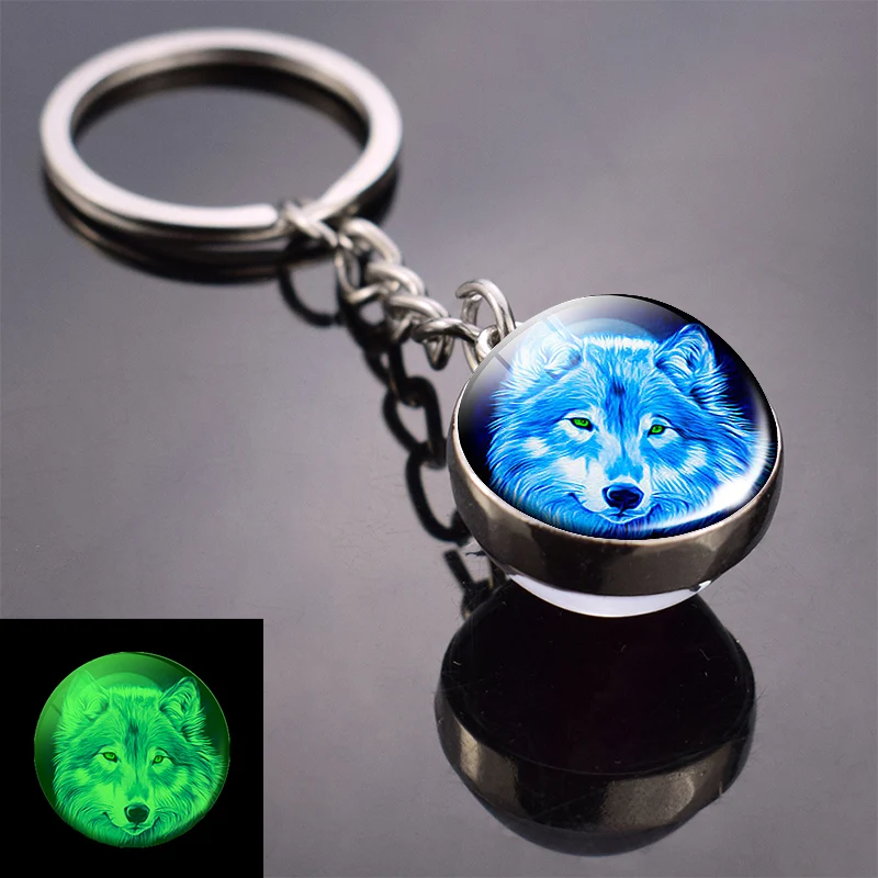 As show 14 Glow in Dark Jewelry Howling Wolf Keychain Wolf Luminous Glass Cabochon Pendant Keyring Double Side Glass Ball Keychain - Цвет: As show 14