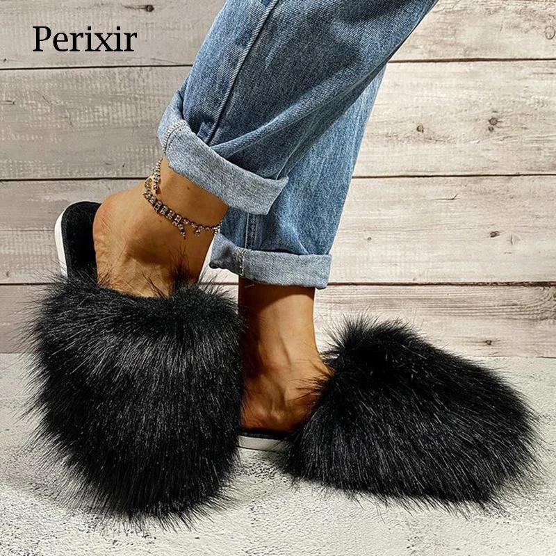 Женские меховые тапочки Perixir новинка 2021 на плоской подошве с нескользящим носком