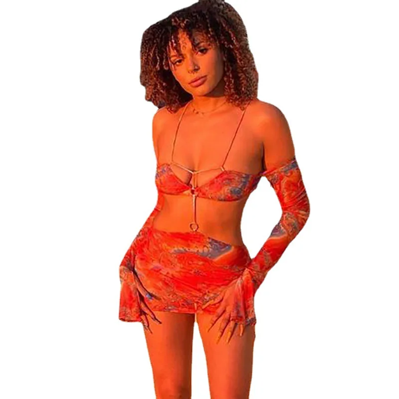 

2021 Summer Printed Tube Top Exposed Navel Hollow Long-sleeved Dress Sexy Low-cut Suspender Skirt Vestido De Mujer Y2k