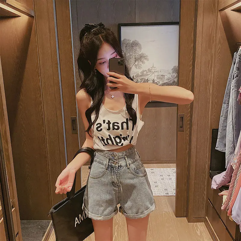 Шорты женские джинсовые с завышенной талией повседневные облегающие модные