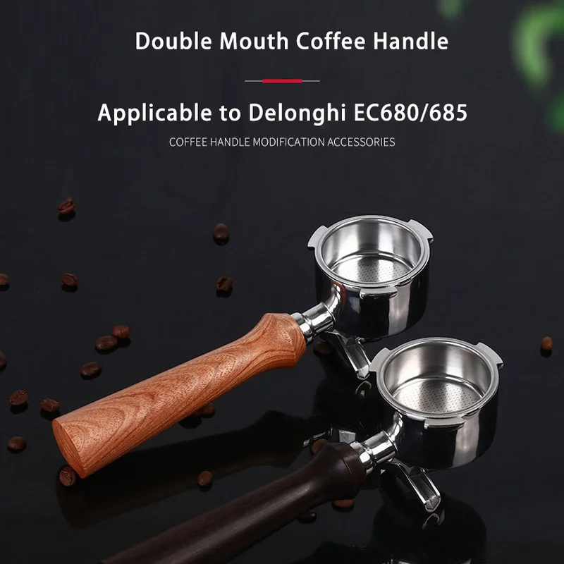 

51mm Espresso Coffee Machine Handle for Delonghi EC680/685 Stainless Steel Double Mouth Wood Handle Coffee Appliances Wholesale