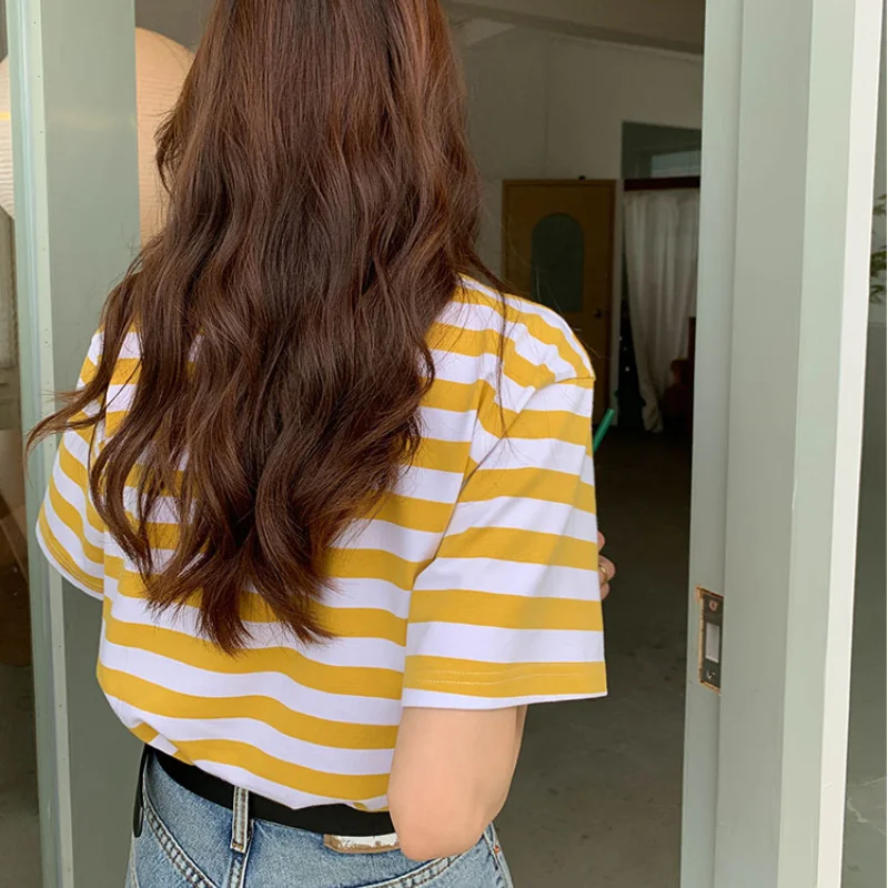 

KUSAHIKI Korean Striped Graphic Tees Women Summer Short Sleeve O-neck Tshirt 2021 New Fashion Causal Femme Top Shirt 6J082