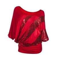 european and american large dresssexy round neck sequins bat short sleevescasual loose t shirt top