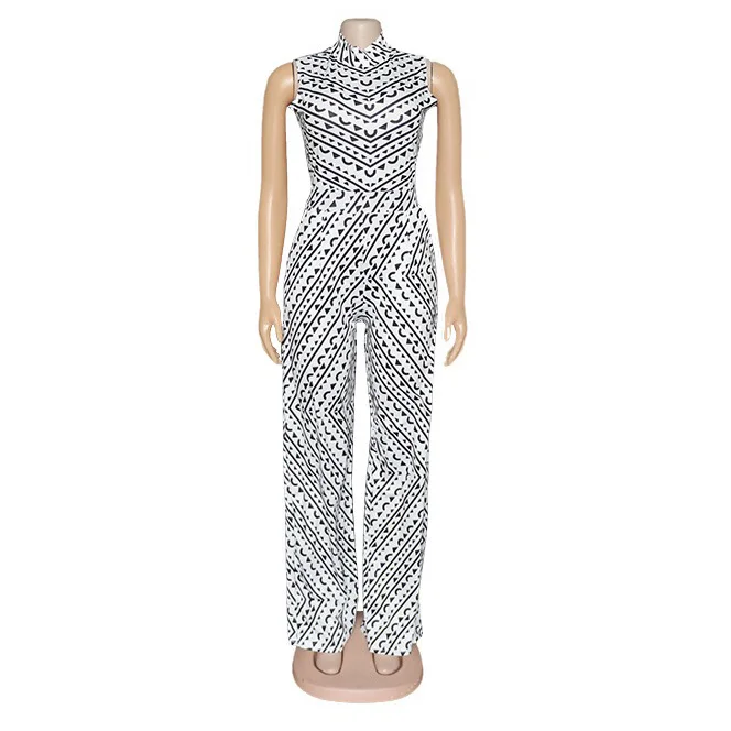 2021 Summer New Long Jumpsuit Sleeveless High Waist Straight Print White Elegant For Work Business Office Lady Fashion Jumpsuits