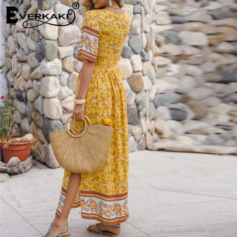 Женское длинное платье в стиле бохо Everkaki летнее с цветочным принтом разрезом