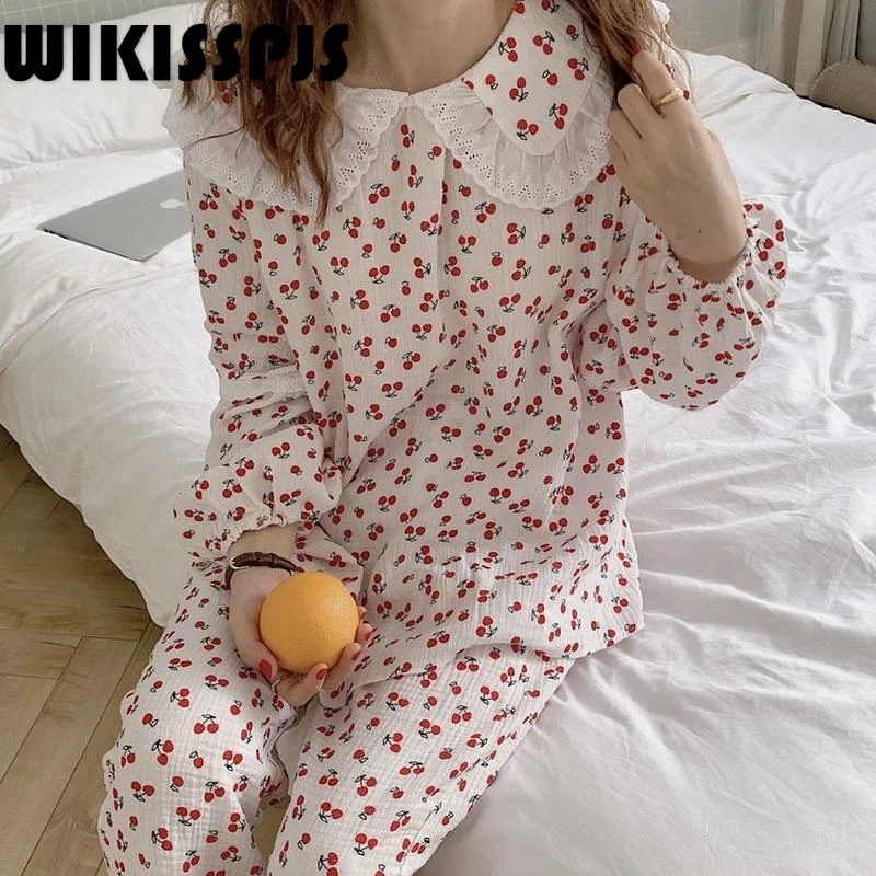 

Новинка Осень-зима 2022 приятный на ощупь пуловер из чистого хлопка с кукольным воротником вишня Пижама с Длинным Рукавом Кружевная простроченная домашняя одежда