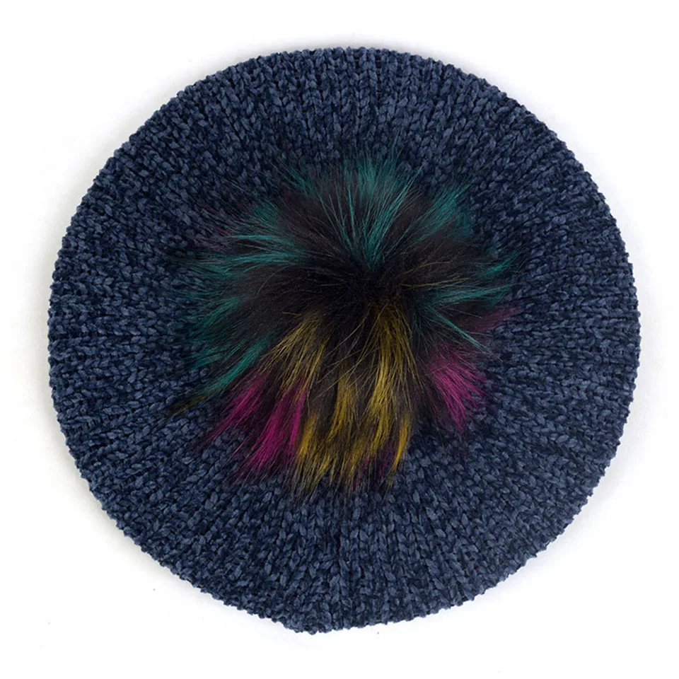 Женские Модные береты с помпон из искуственного меха Pom Chenille мягкие зимние теплые шапки женские французские художники берет шапки для волос Повседневная шапка