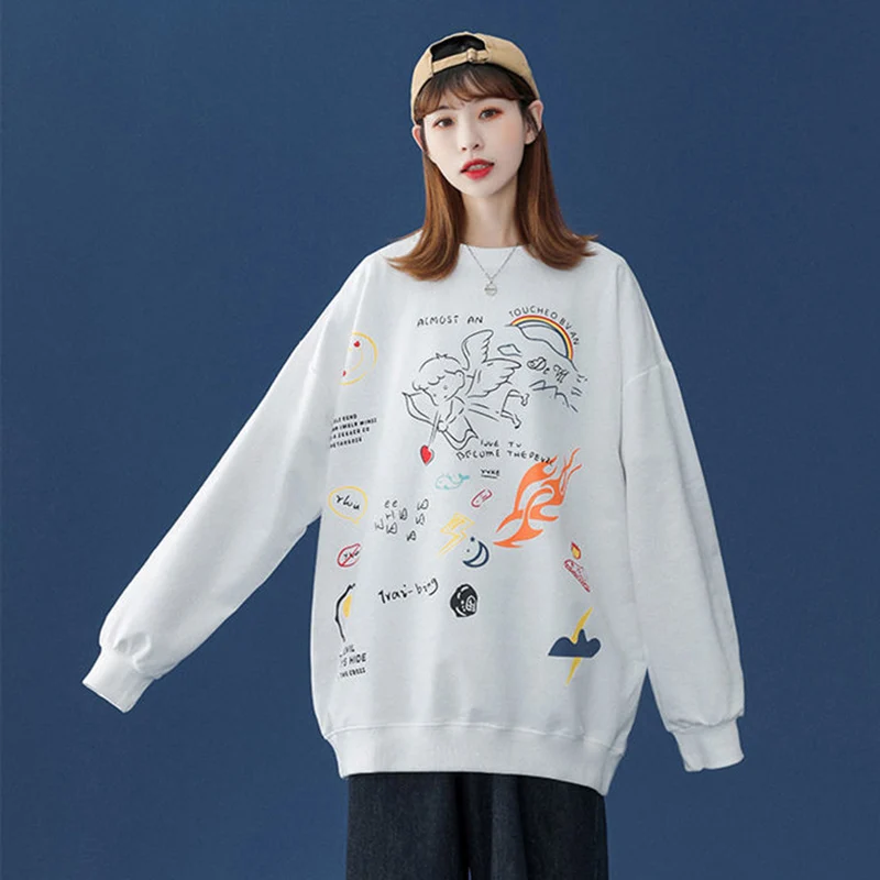 

Sweater women spring autumn Korean style loose long-sleeved top coat women's clothing Angel print Sweatshirts Oversized hoodie