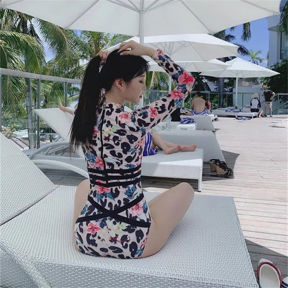 Женский слитный купальник с длинным рукавом цветочным принтом пуш ап купальники