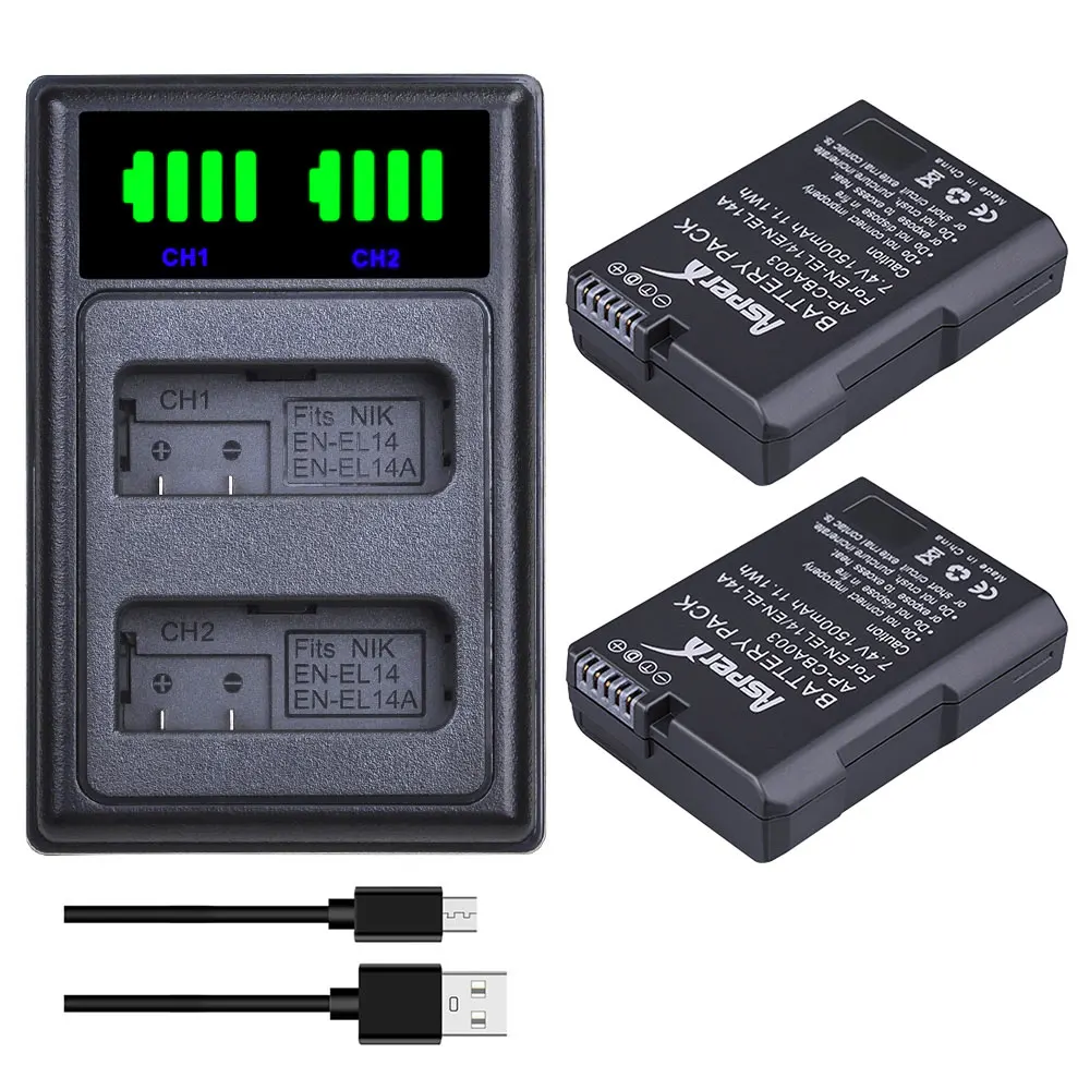 2 шт. EN-EL14 EN-EL14A Батарея + светодиодный USB двойной Зарядное устройство для Nikon D3100 D3200