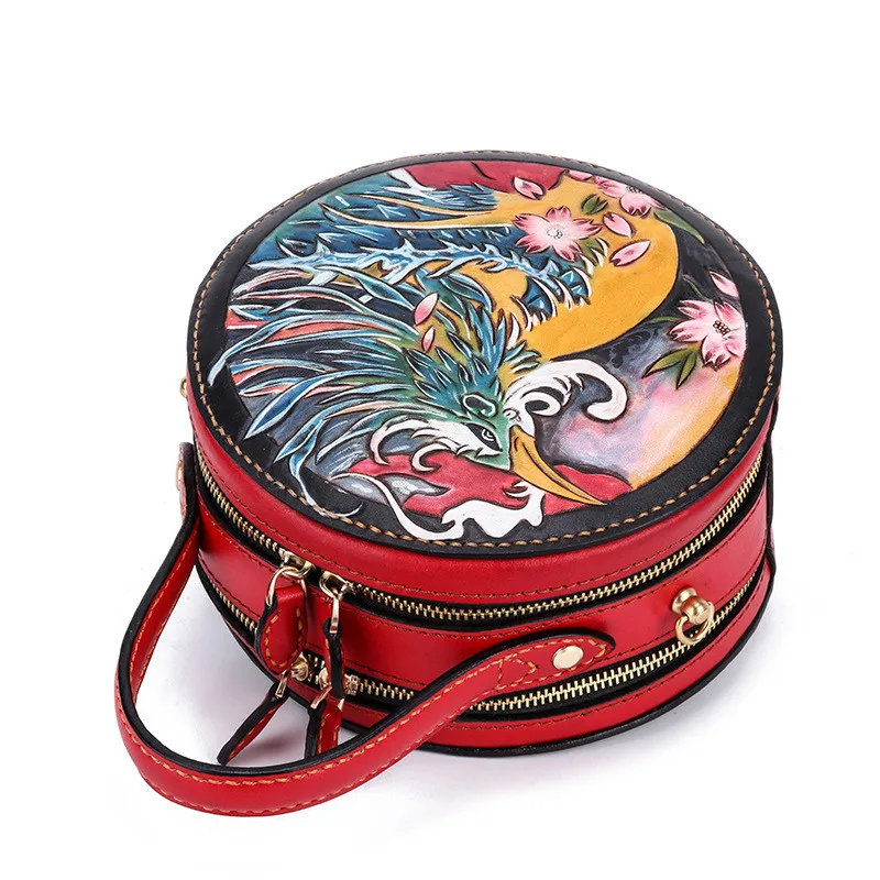 

Handmade Vintage Women Vegetable Tanned Leather Handbags Lady Circular Cow Leather Bag Carving Red-crowned Crane Phoenix Bags