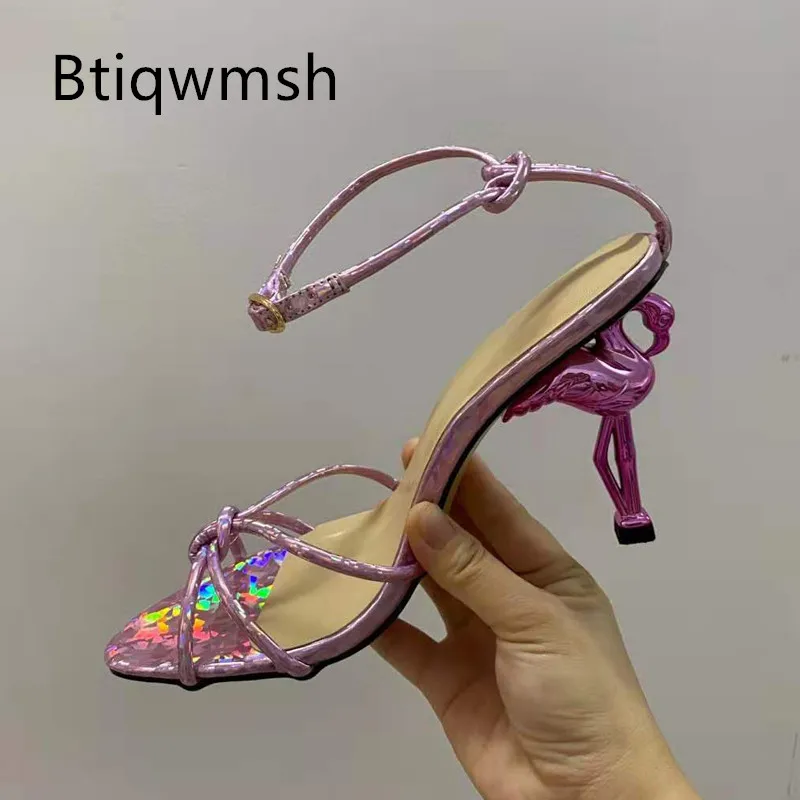 

Bright Pink Flamingo High Heels Shoes Woman Open Toe Black Gold Calfskin Leather Strap Runway Sandals Women Fashion Party Shoes