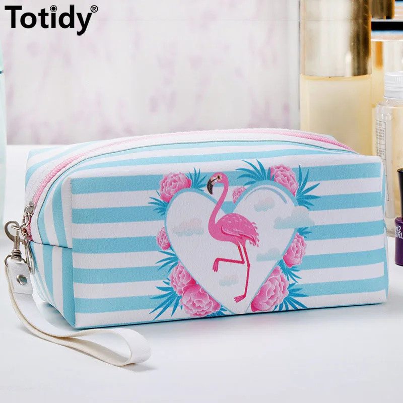 

Striped Flamingo Women Cosmetic Bag Love Beauty Suitcases For Cosmetics Case Female Leather Travel Makeup Bag Organizer