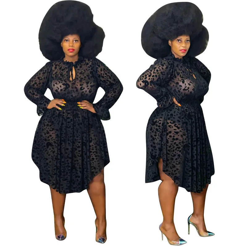 

2021 Summer New Large Size Women's Floral Collar Flocking Mesh Leopard See-through Sexy Dress