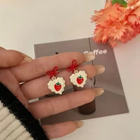 2021 new sweet love strawberry dangle earrings cute red bow creamy fruit teens student eardrop jewelry for woman trend gift