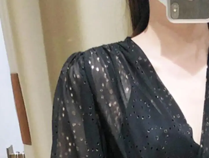 

2020 Autumn and Winter New V-neck Lantern long Sleeve Hollow Women's Mini Dress