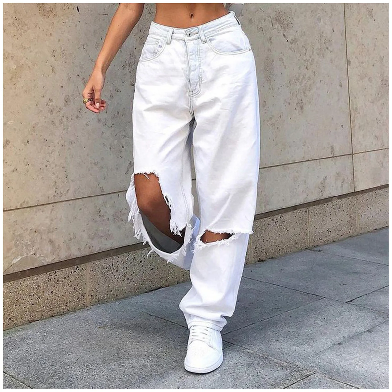 

White Jeans Women Button High Waist Pocket Elastic Hole Jeans Trousers Loose Denim Pants Casual Korean Vogue Trousers Nice