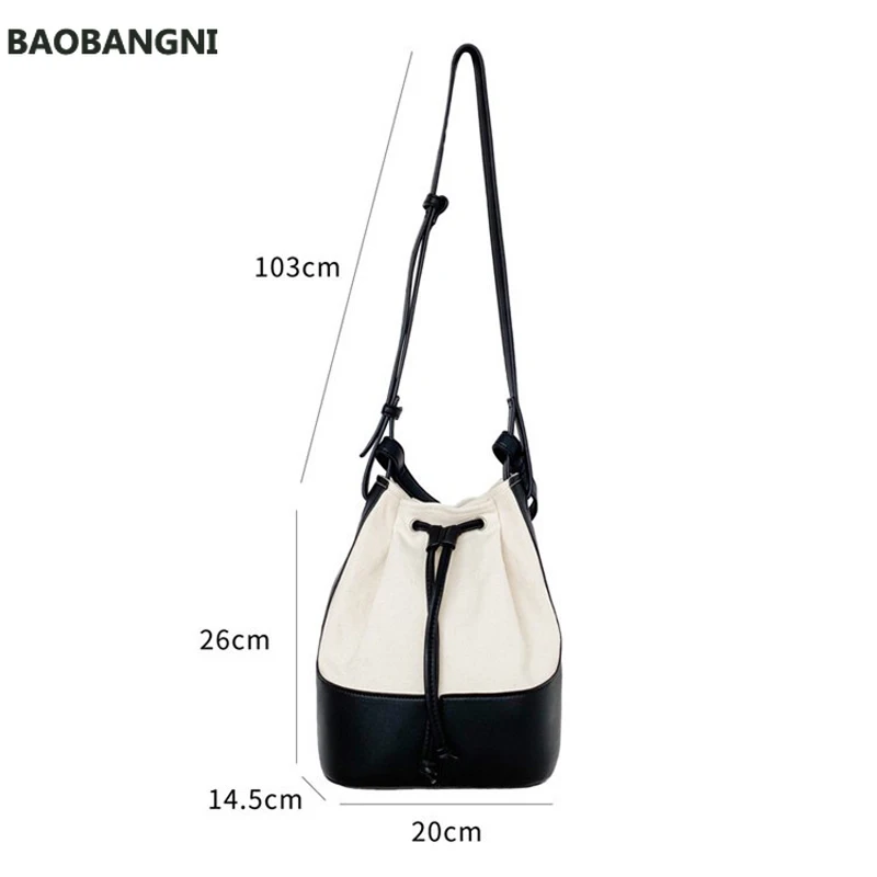 

Women's Bag Drawstring Bucket Handbags Female Ladies Small Shoulder Bags Korean PU Leather Canvas Cotton Crossbody Bag