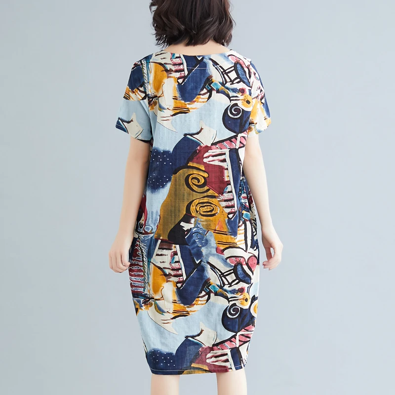 

Women Cotton Linen Dress Summer Casual Loose O-Neck Short Sleeve Knee-Length Graffiti Party Dresses Vestidos Femininos 4XL