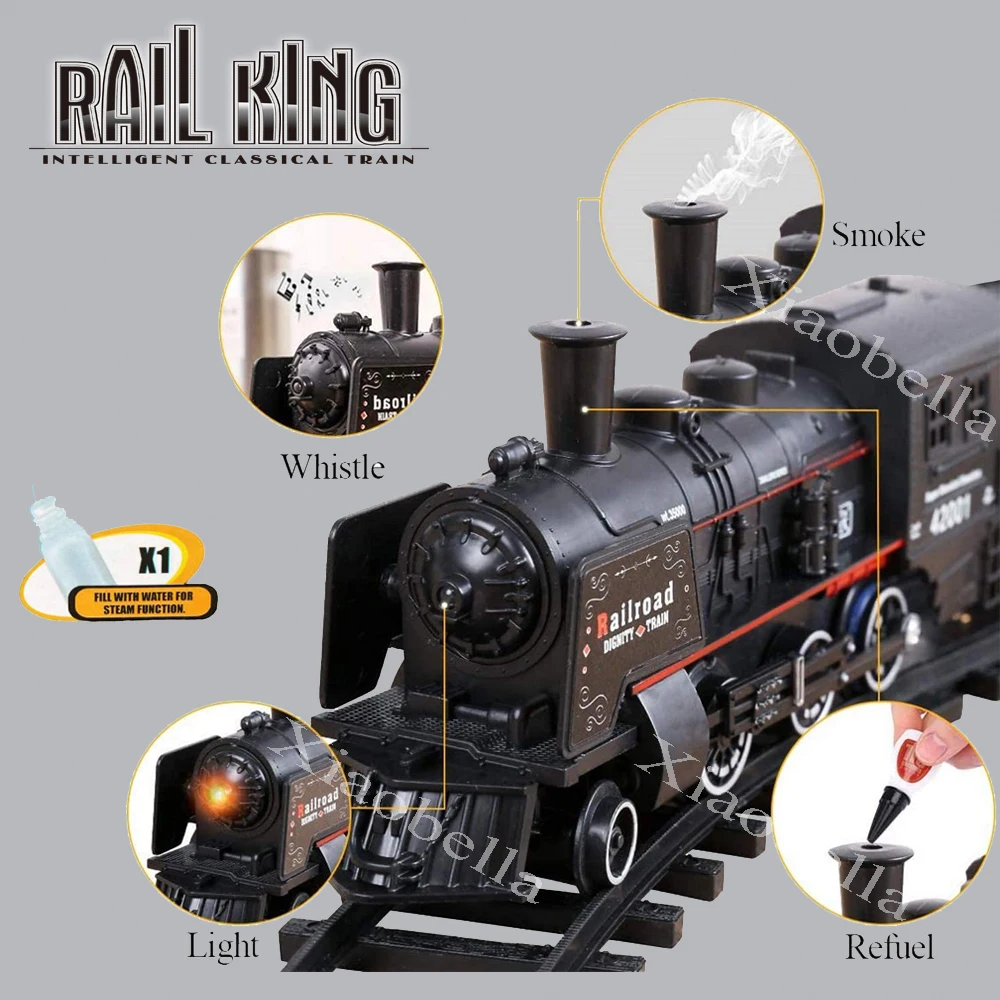 Conjunto de tren de carga cl&aacute;sico para pasajeros, locomotora de vapor de agua, con simulaci&oacute;n de humo, juguete de Tren El&eacute;ctrico-0